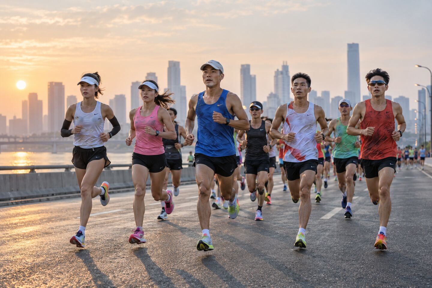 城市马拉松选手组成配速集团向前奔跑的画面